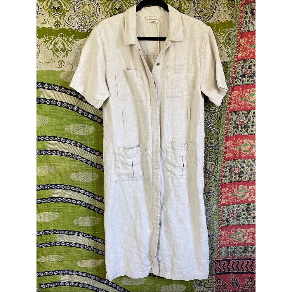 Faherty Pale Flax Lita 100% Linen Shirt Midi Dress Medium Coastal Lagenlook